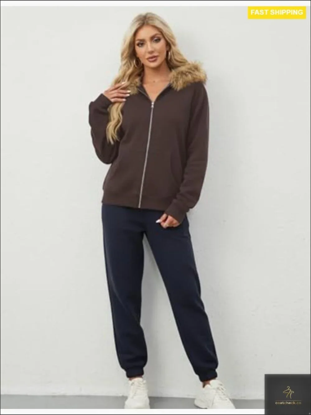 Faux Fur Trim Zip-Up Hoodie Oversized Fleece Lining Casual Jacket with Pockets